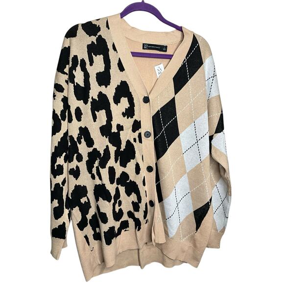 New York & Company Oversized Cardigan Argyle Animal Print Multicolor Size L NWT - Picture 1 of 5